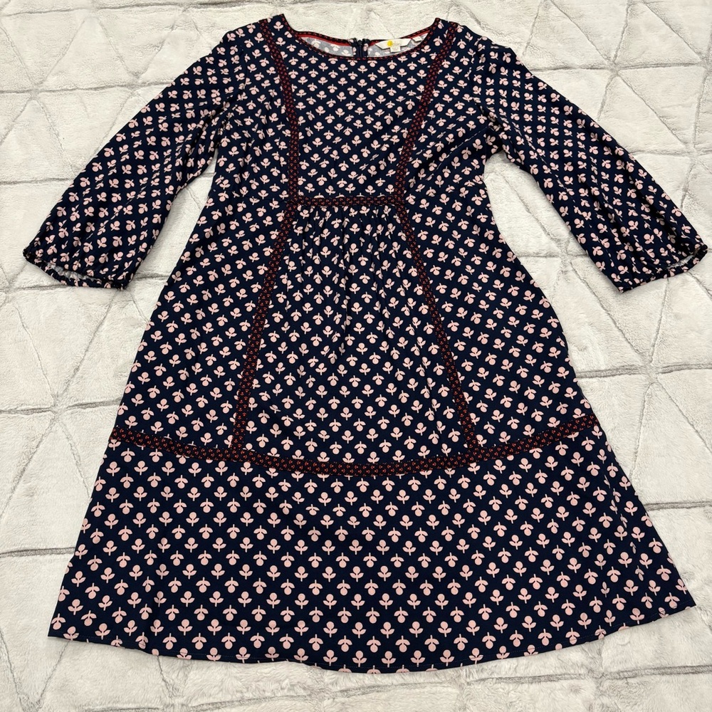 Boden Blue Red Luna Prairie Dress Women’s 8R Floral Back Zip 3/4 Sleeve Pocket